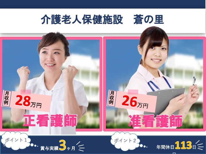 看護師/介護老人保健施設/月９日休み/残業ほぼなし/マイカー通勤可/託児所あり/未経験歓迎|門真市島頭|介護老人保健施設 蒼の里